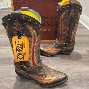 Corral Star Stud Embroid 13” Black Orix Overlay Cowboy Leather Boot C3945